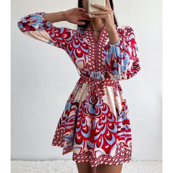 Boho Lantern Sleeves Belted Dress - Picture 2 of 7